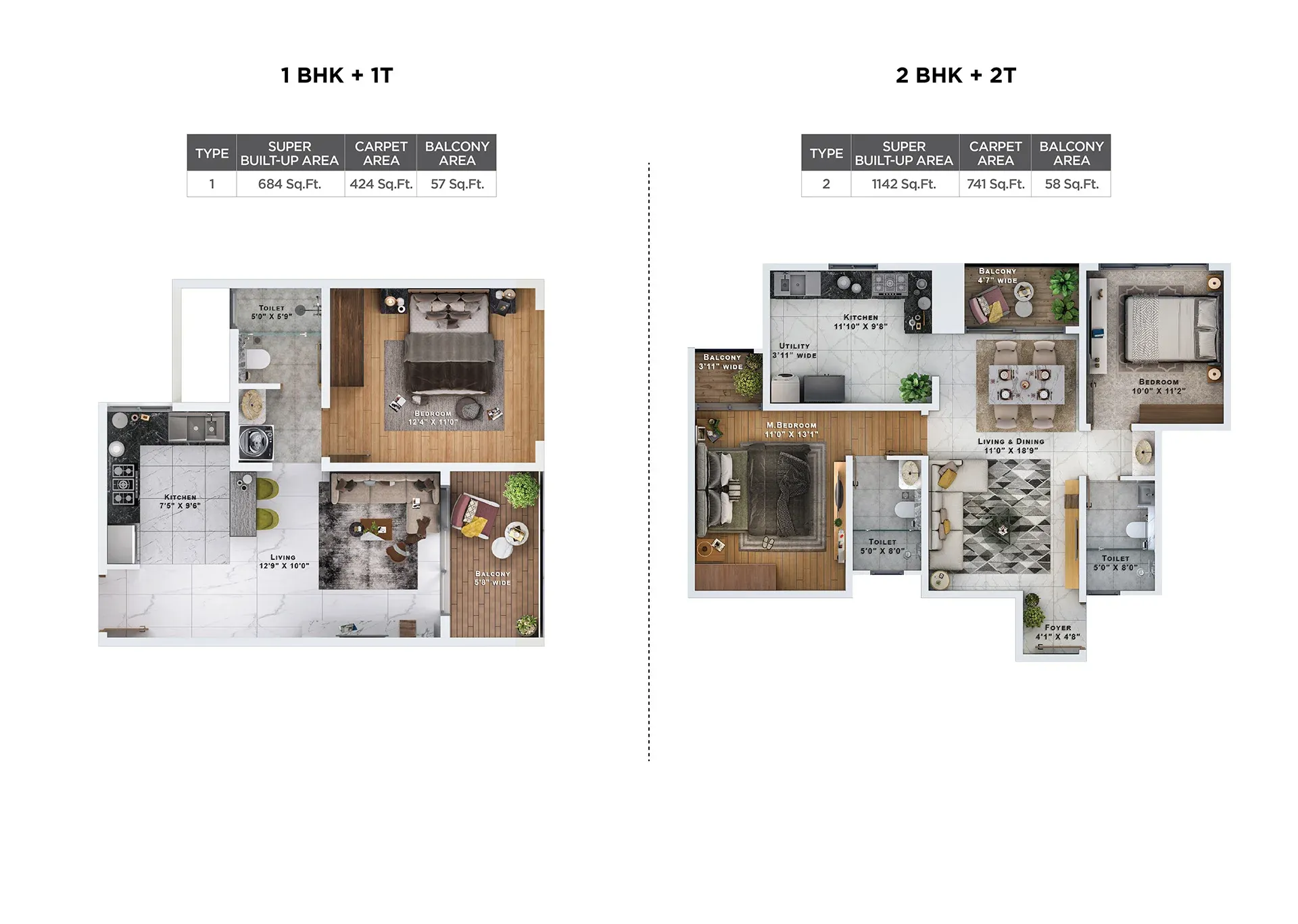 1 and 2 BHK floor plan